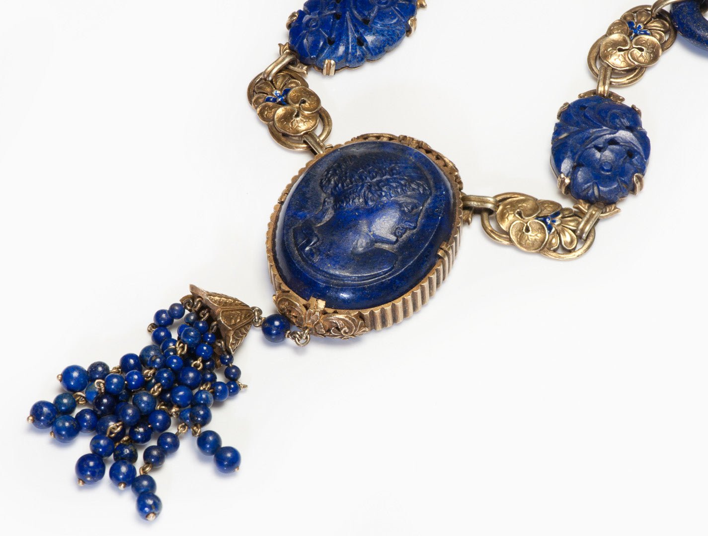 Antique Gold Carved Lapis Cameo Necklace
