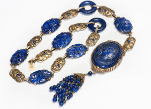 Antique Gold Carved Lapis Cameo Necklace