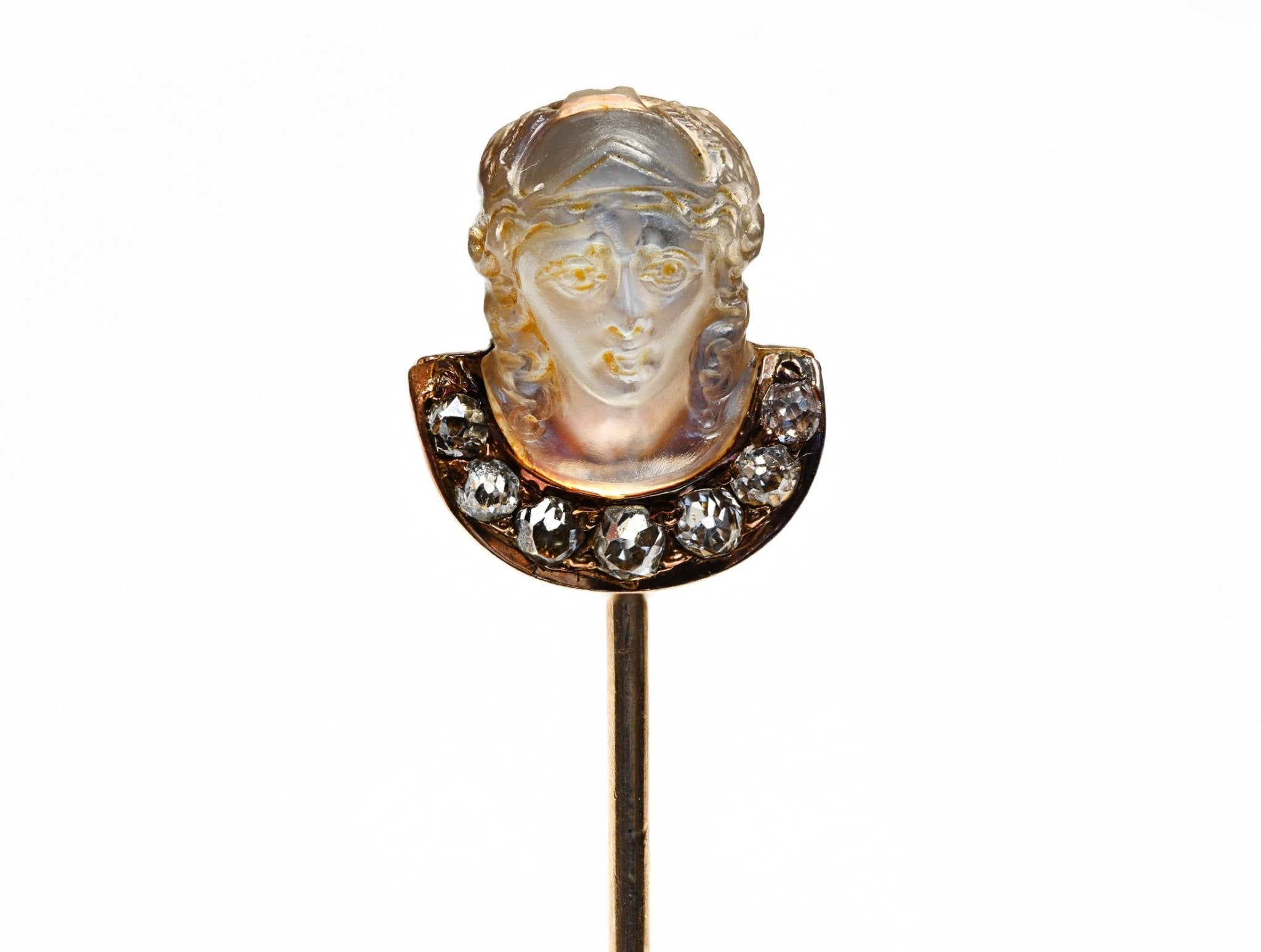 Antique Gold Carved Moonstone Lady Face Diamond Stick Pin - DSF Antique Jewelry