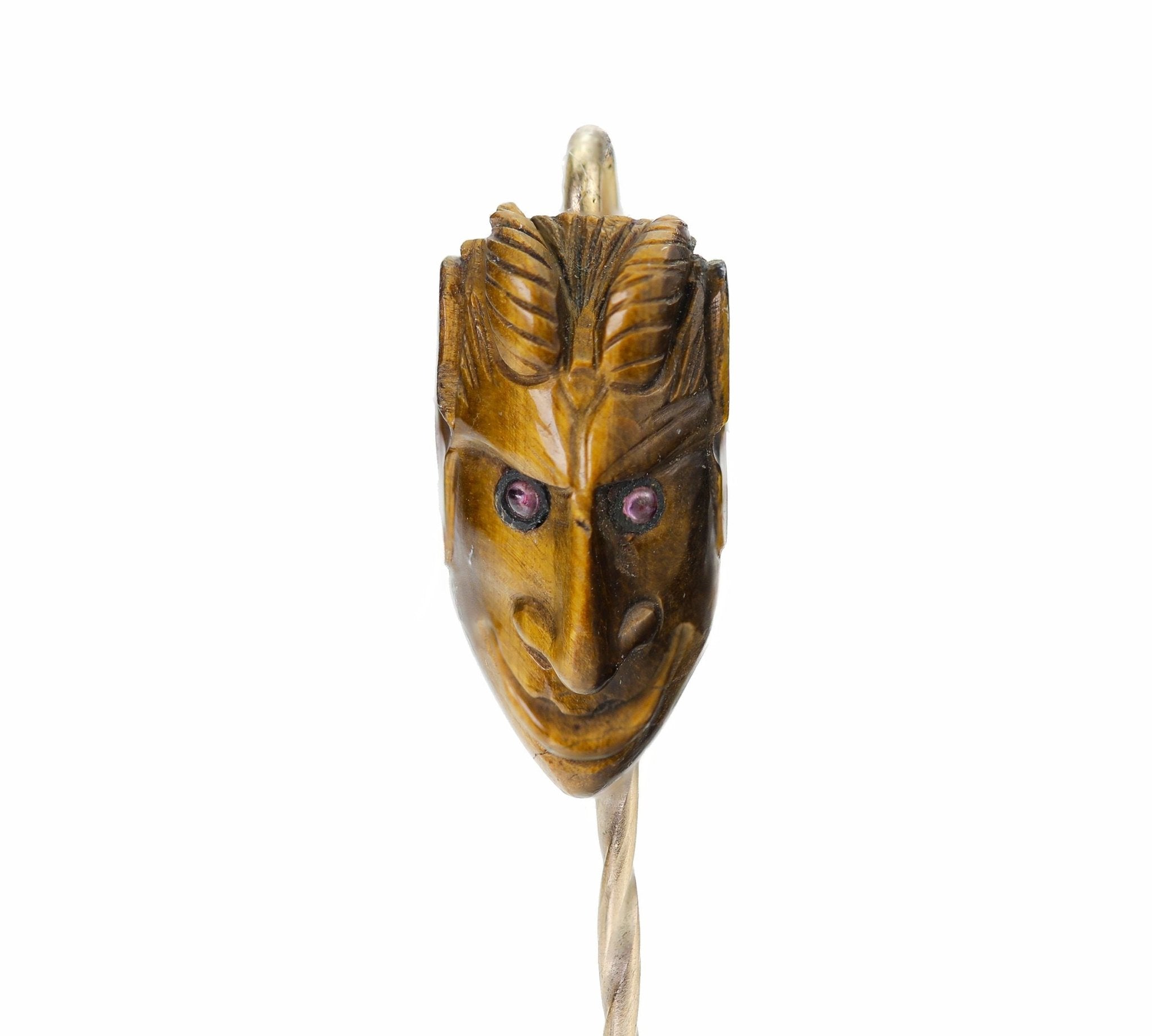 Antique Gold Carved Tigers Eye Devil Face Stick Pin