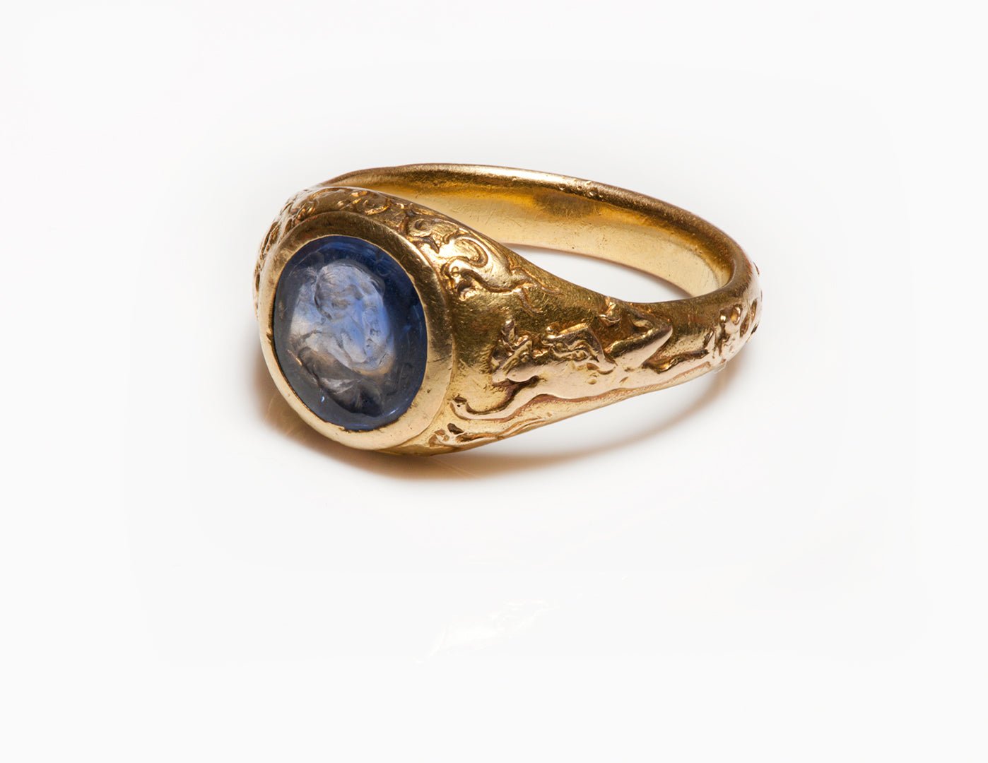 Antique Gold Ceylon Sapphire Intaglio Men's Ring