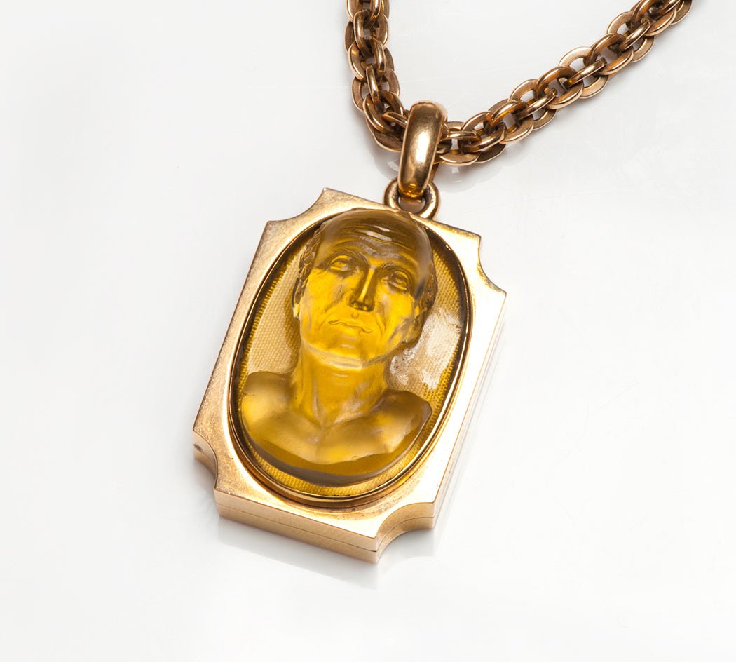 Antique Gold Citrine Cameo Roman Lucius Annaeus Seneca Locket Chain Pendant - DSF Antique Jewelry