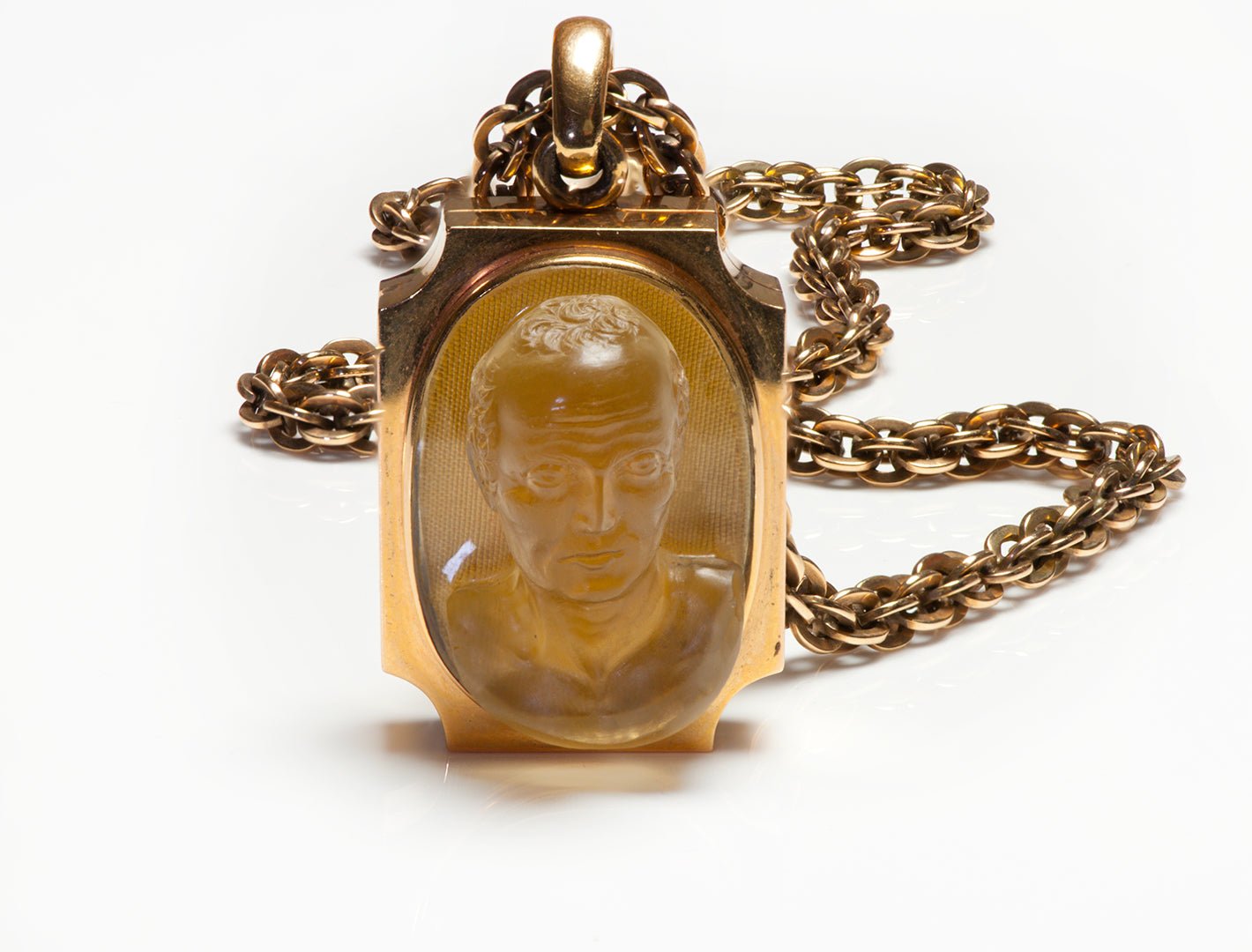 Antique Gold Citrine Cameo Roman Lucius Annaeus Seneca Locket Chain Pendant - DSF Antique Jewelry