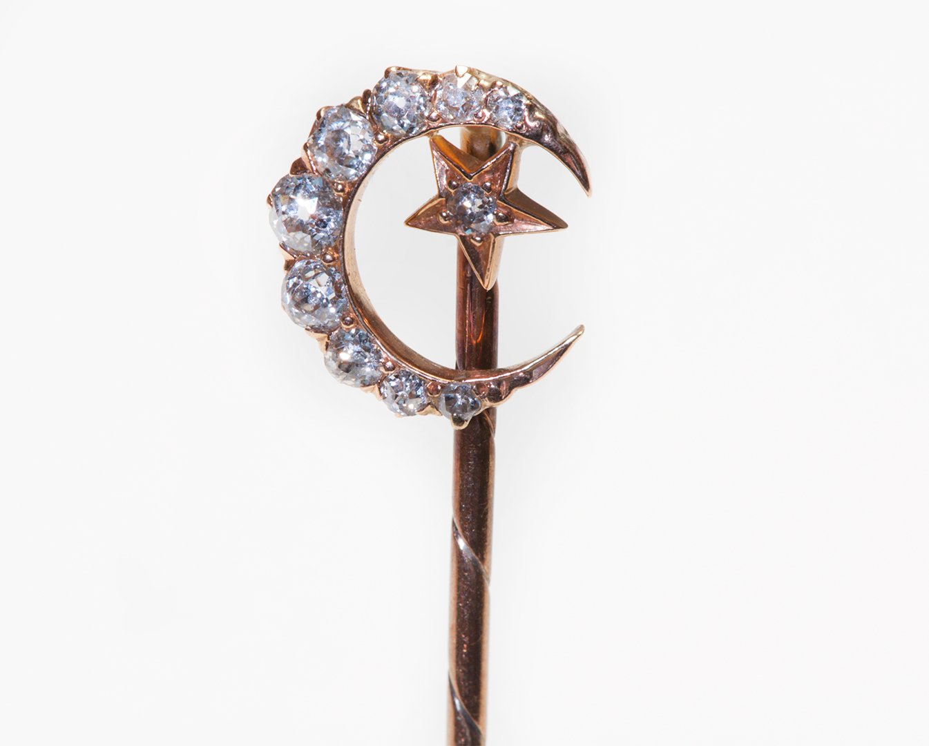 Antique Gold Diamond Crescent Moon Star Stick Pin