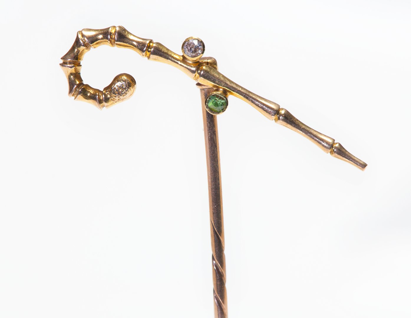 Antique Gold Diamond Demantoid Bamboo Cane Stick Pin - DSF Antique Jewelry