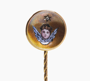 Antique Gold Diamond Enamel Cherub Stick Pin