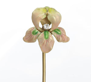 Antique Gold Diamond Enamel Orchid Stick Pin