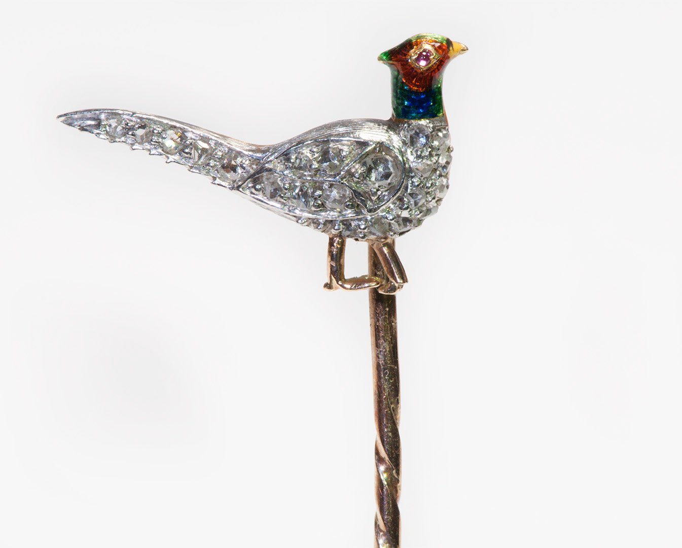 Antique Gold Diamond Enamel Pheasant Stick Pin