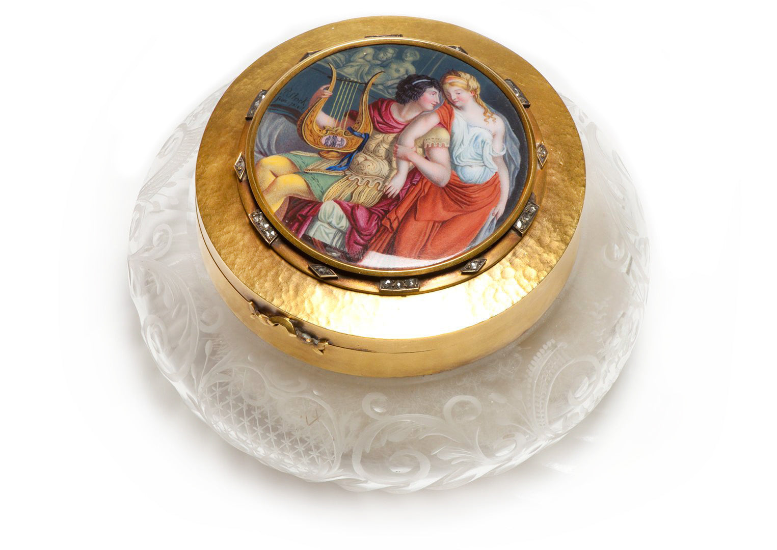 Antique Gold Diamond Enamel Powder Box Romantic Scene 