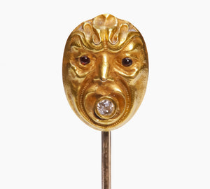 Antique Gold Diamond Garnet Gargoyle Stick Pin