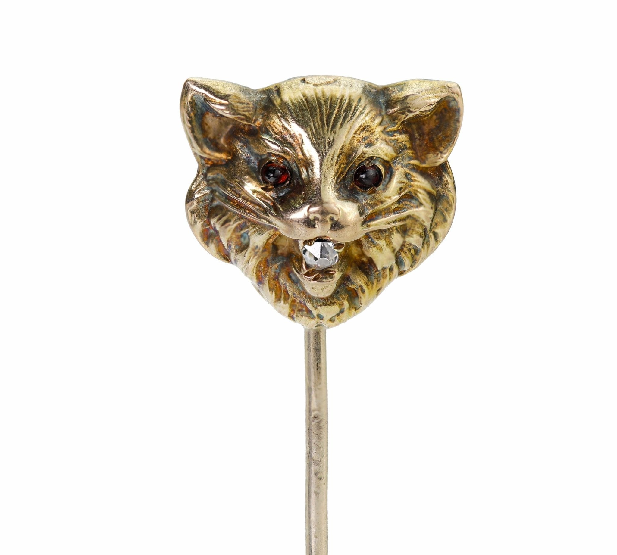 Antique Gold Diamond Garnet Cat Stick Pin - DSF Antique Jewelry