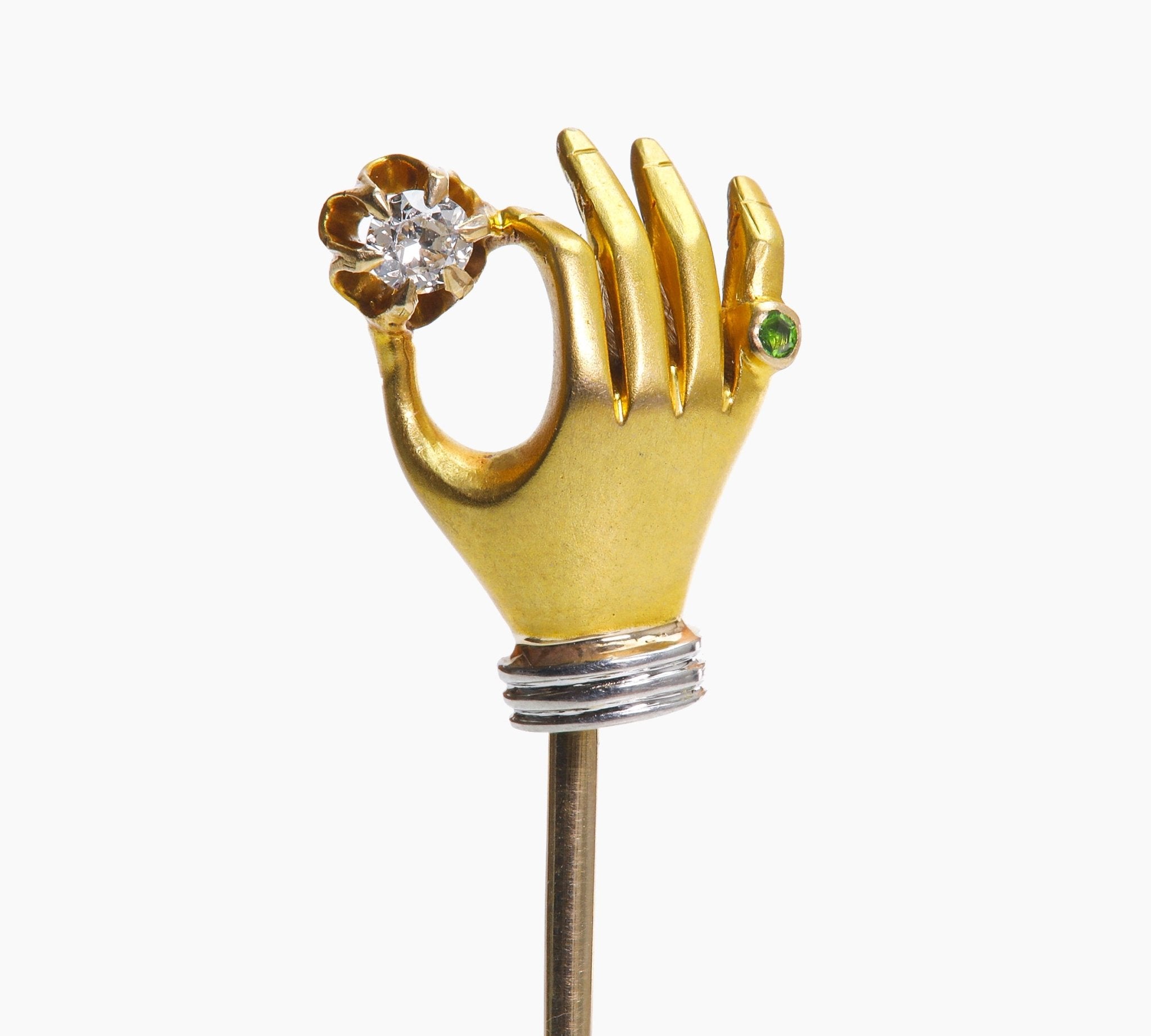Antique Gold Diamond Green Garnet Hand Stick Pin - DSF Antique Jewelry
