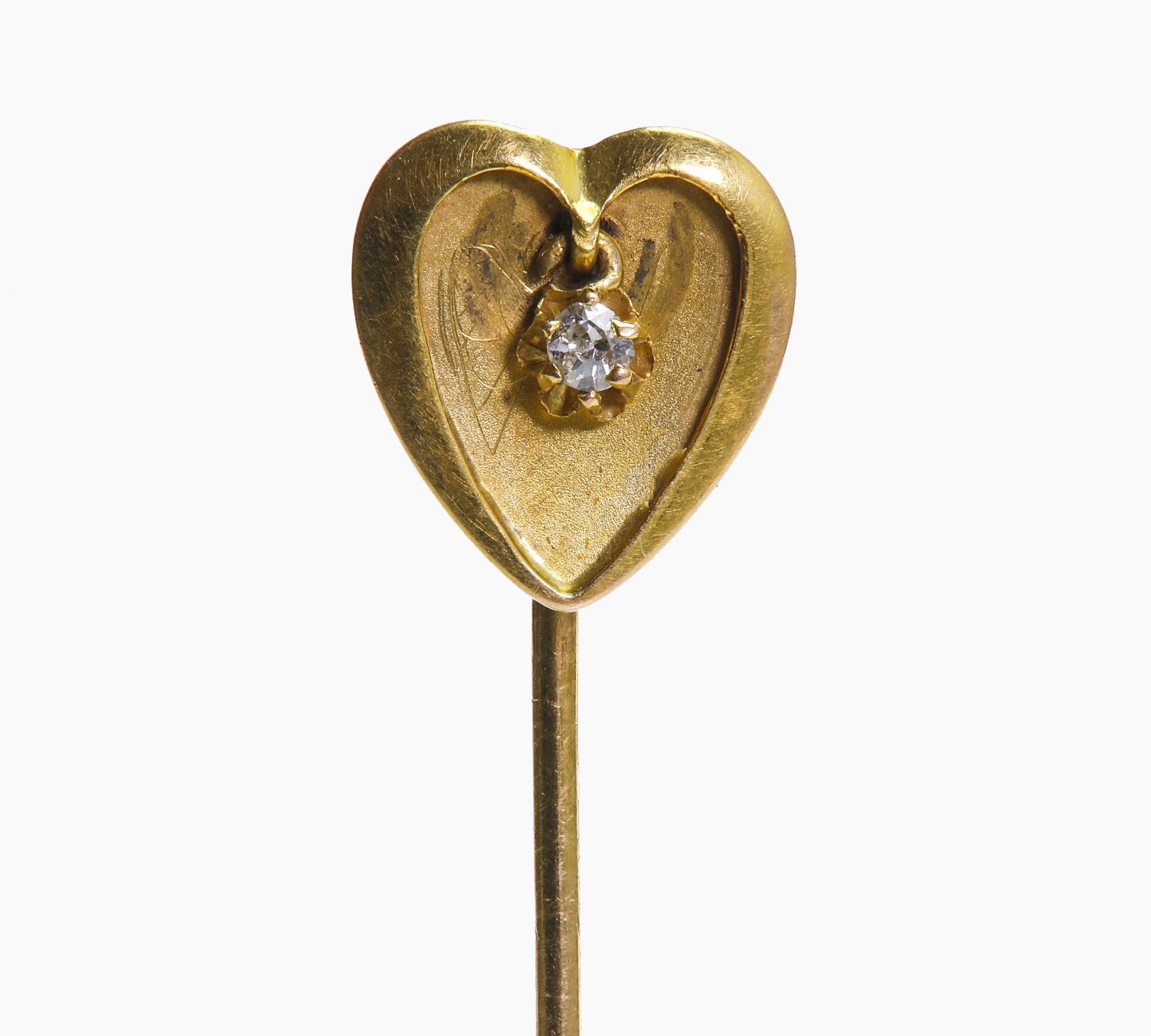 Antique Gold Diamond Heart Stick Pin - DSF Antique Jewelry