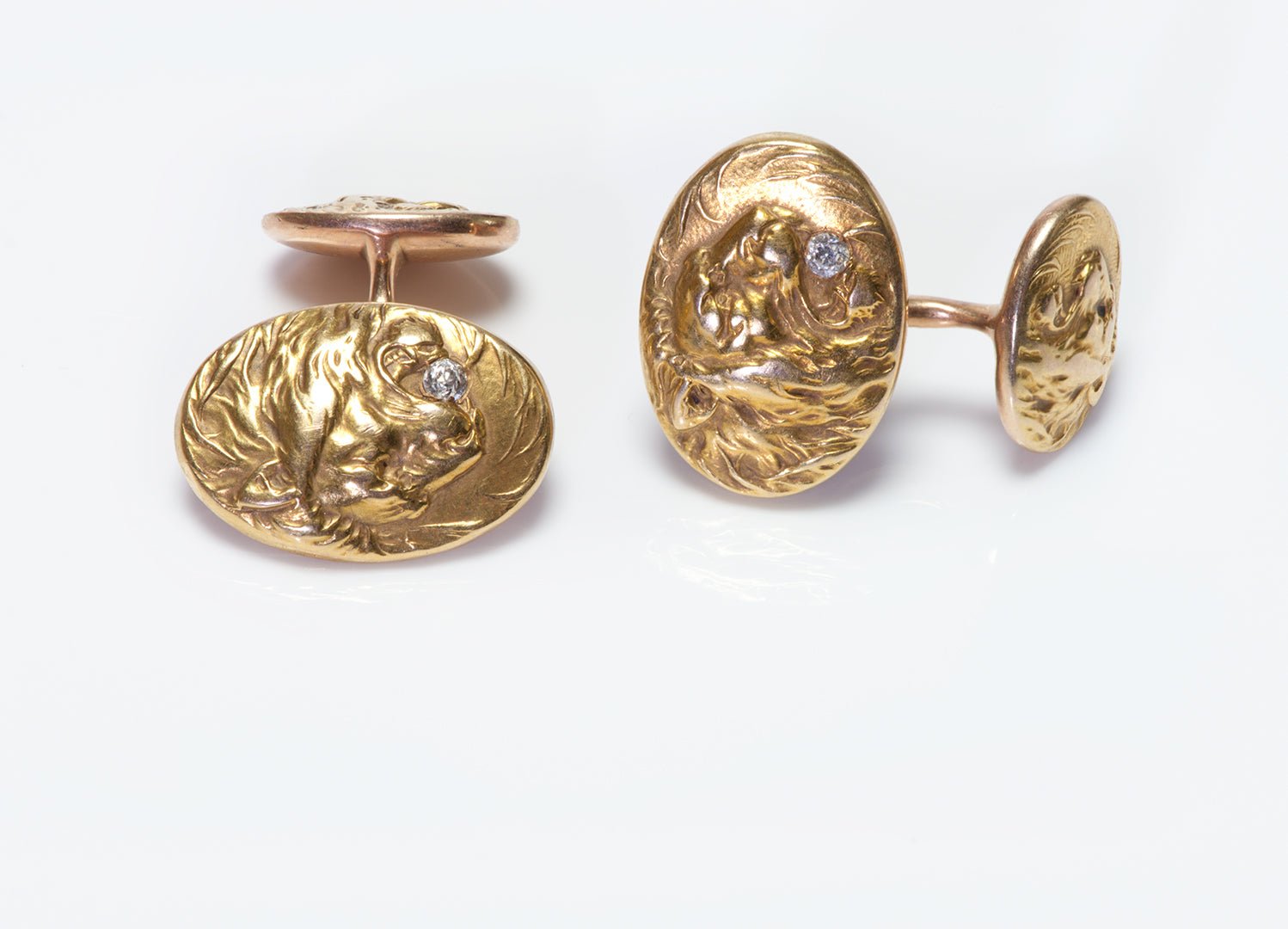 Antique Gold & Diamond Lion Cufflinks - DSF Antique Jewelry