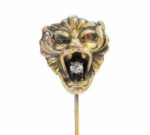 Antique Gold Diamond Stylized Lion Stick Pin