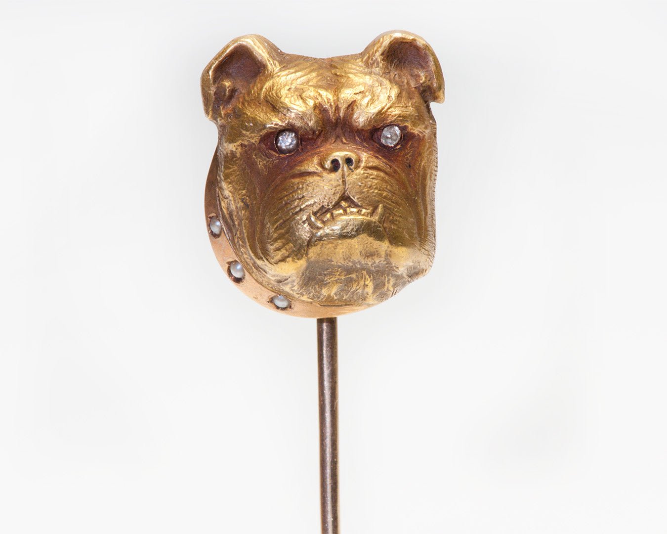 Antique Gold Diamond Pearl Large Bulldog Head Stick Pin - DSF Antique Jewelry