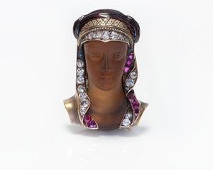 Antique Gold Diamond Ruby Carved Stone Pendant Brooch