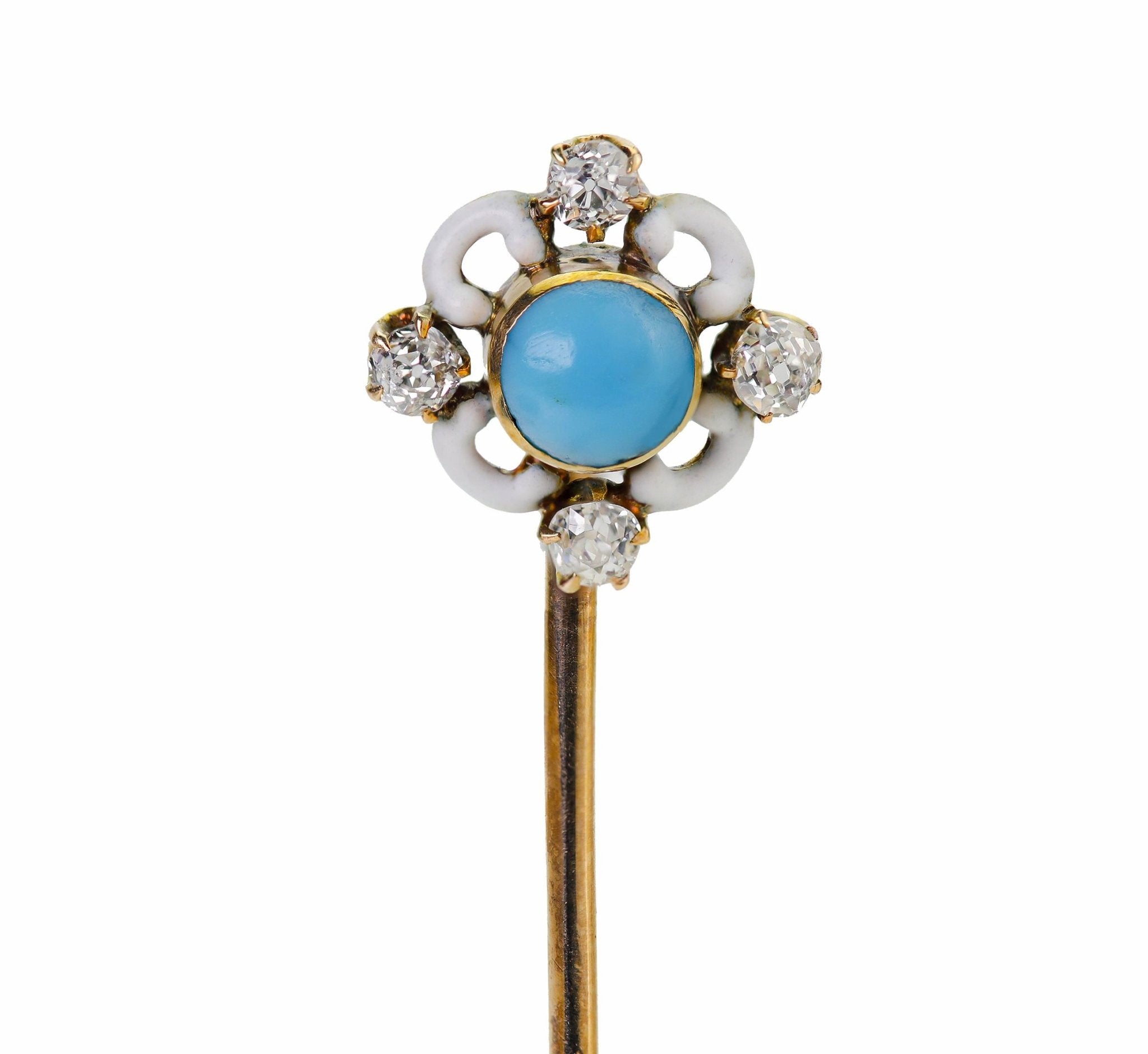 Antique Gold Diamond Turquoise Enamel Stick Pin