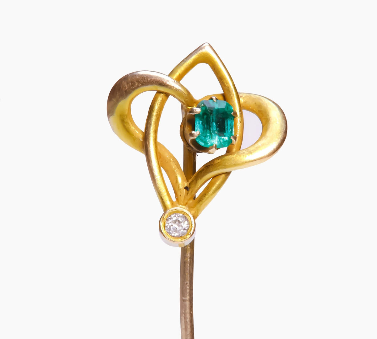 Emerald Shellback Pin Antique Gold Emerald Diamond Stick Pin