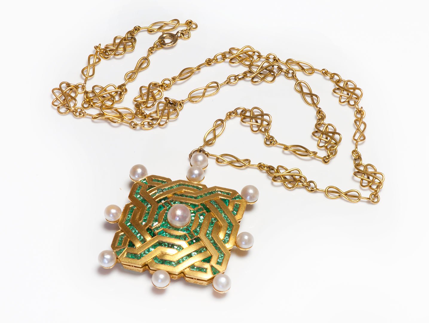 Antique Gold Emerald Pearl Juvenia Watch Pendant and Chain