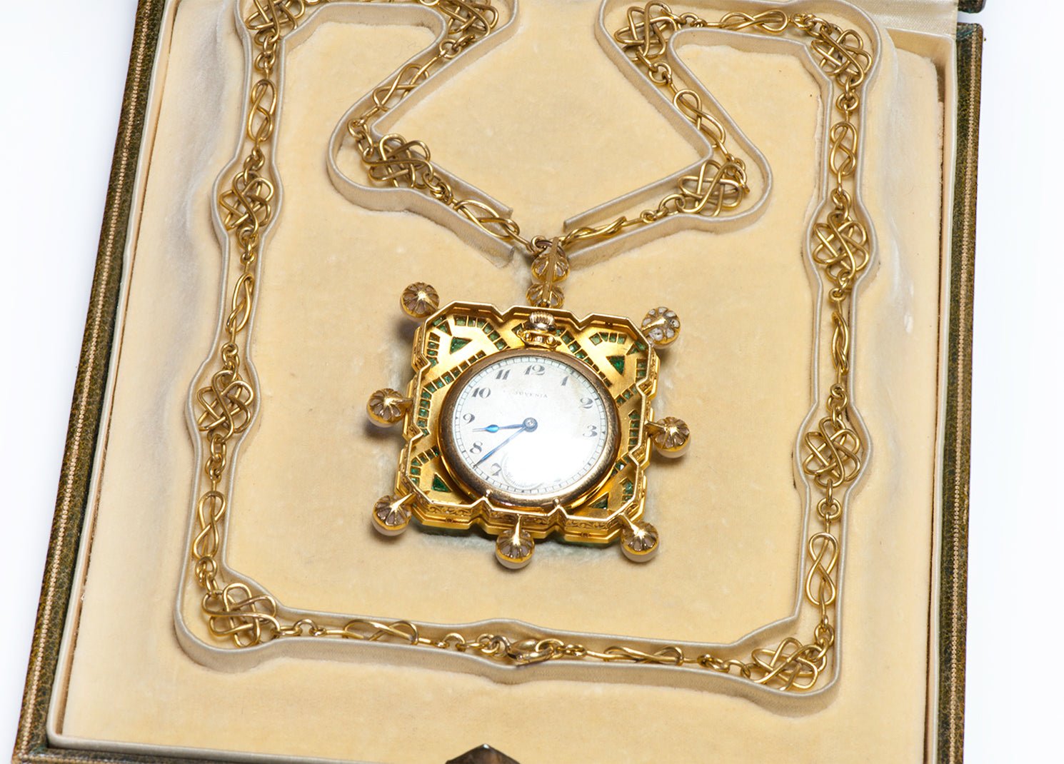 Antique Gold Emerald Pearl Juvenia Watch Pendant and Chain