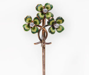 Antique Gold Enamel Diamond Clover Stick Pin