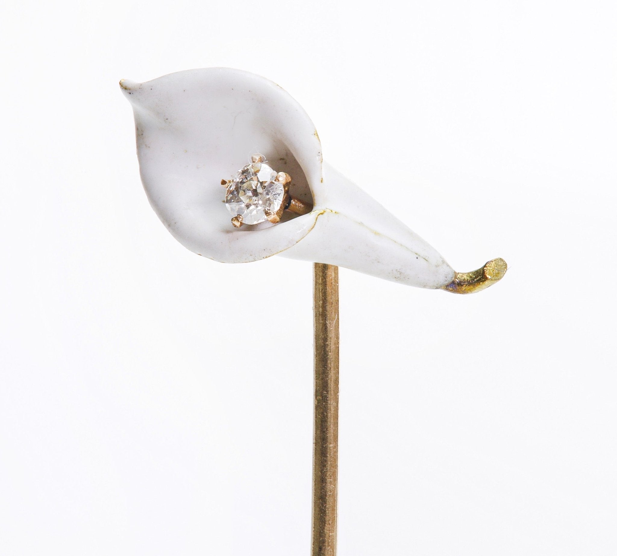 Antique Gold Enamel Diamond Calla Lily Stick Pin - DSF Antique Jewelry