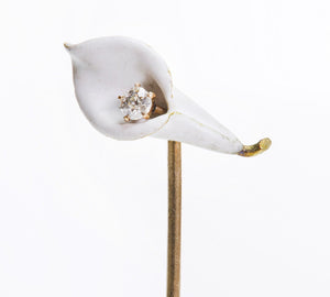 Antique Gold Enamel Diamond Calla Lily Stick Pin