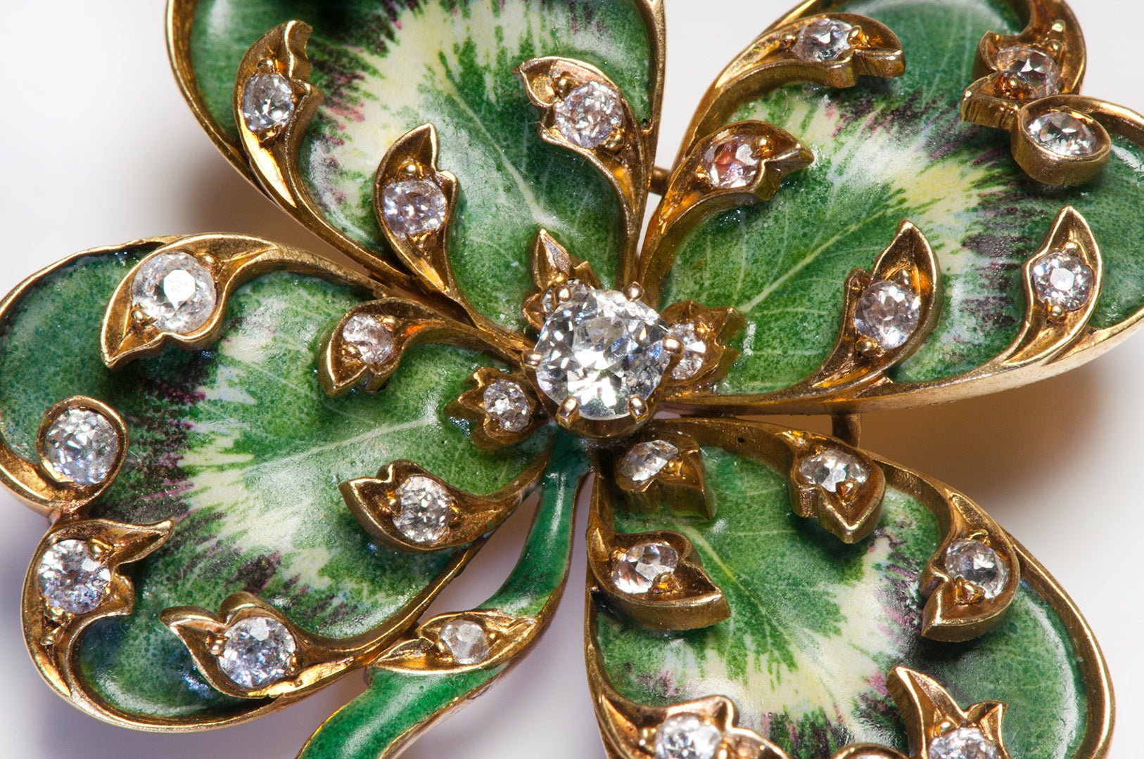 Antique Gold Enamel Diamond Clover Brooch - DSF Antique Jewelry