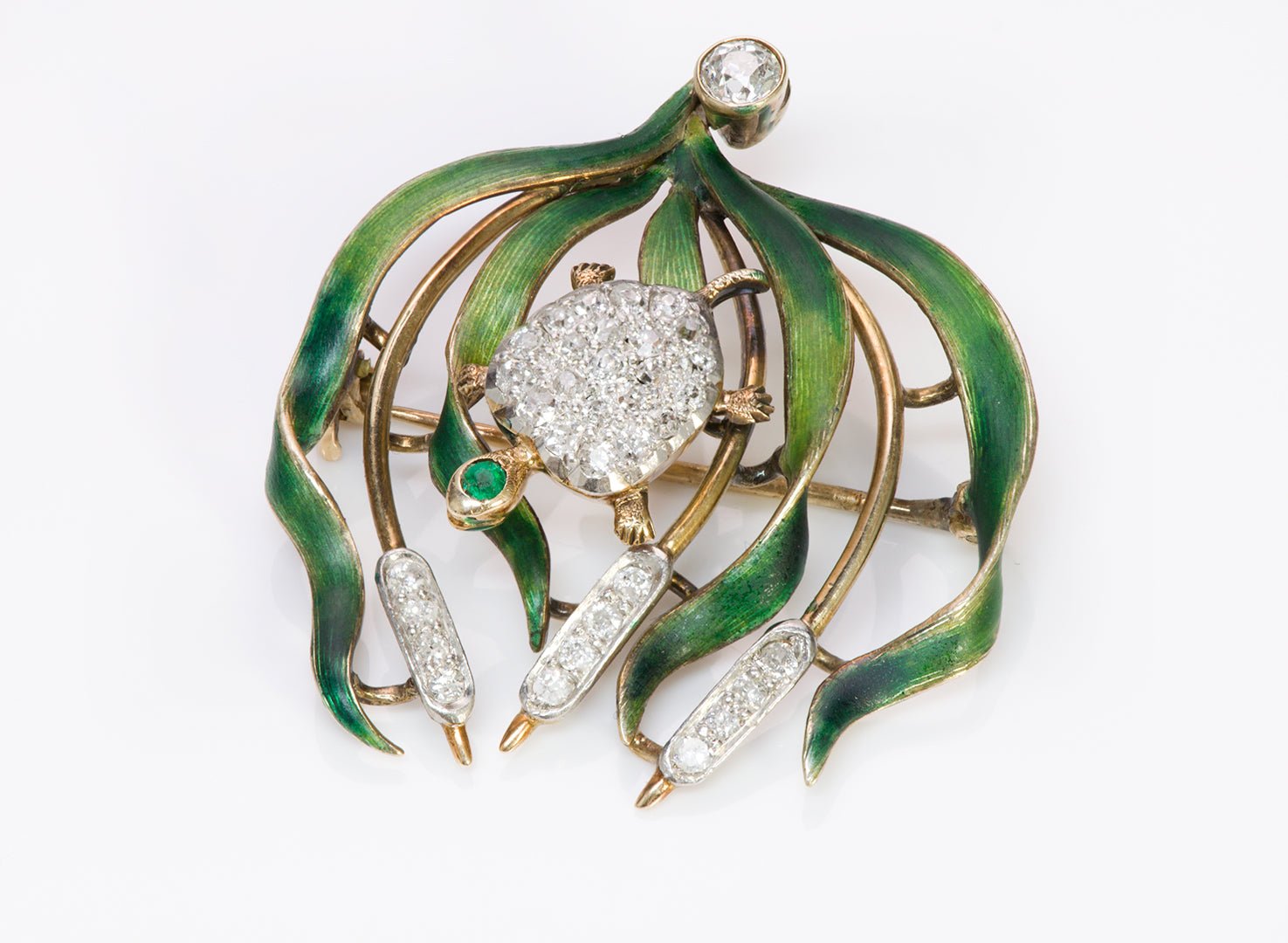 Antique Gold Enamel Diamond Emerald Turtle Brooch - DSF Antique Jewelry