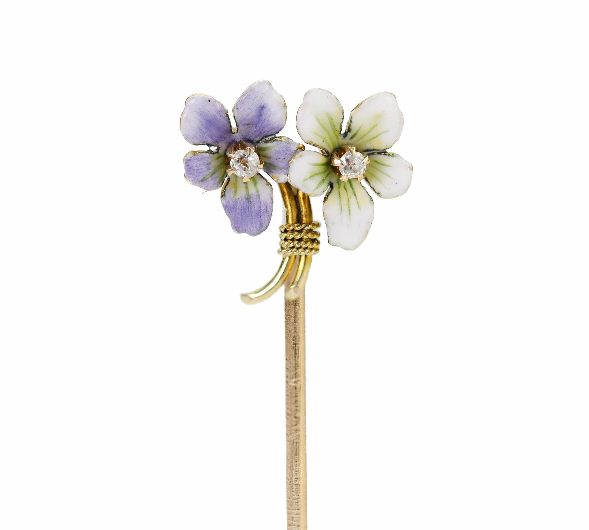 Antique Gold Enamel Diamond Flower Stick Pin - DSF Antique Jewelry
