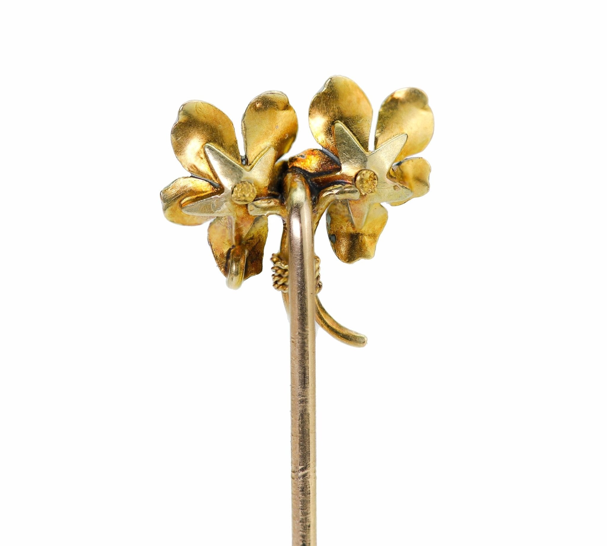 Antique Gold Enamel Diamond Flower Stick Pin - DSF Antique Jewelry
