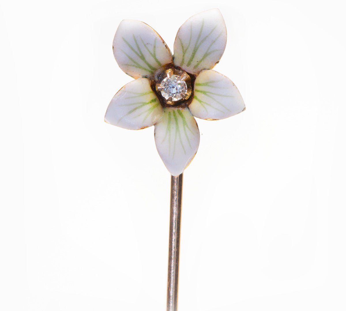 Antique Gold Enamel Diamond Flower Stick Pin