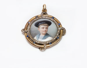 Antique Gold Enamel Diamond Sapphire Pendant