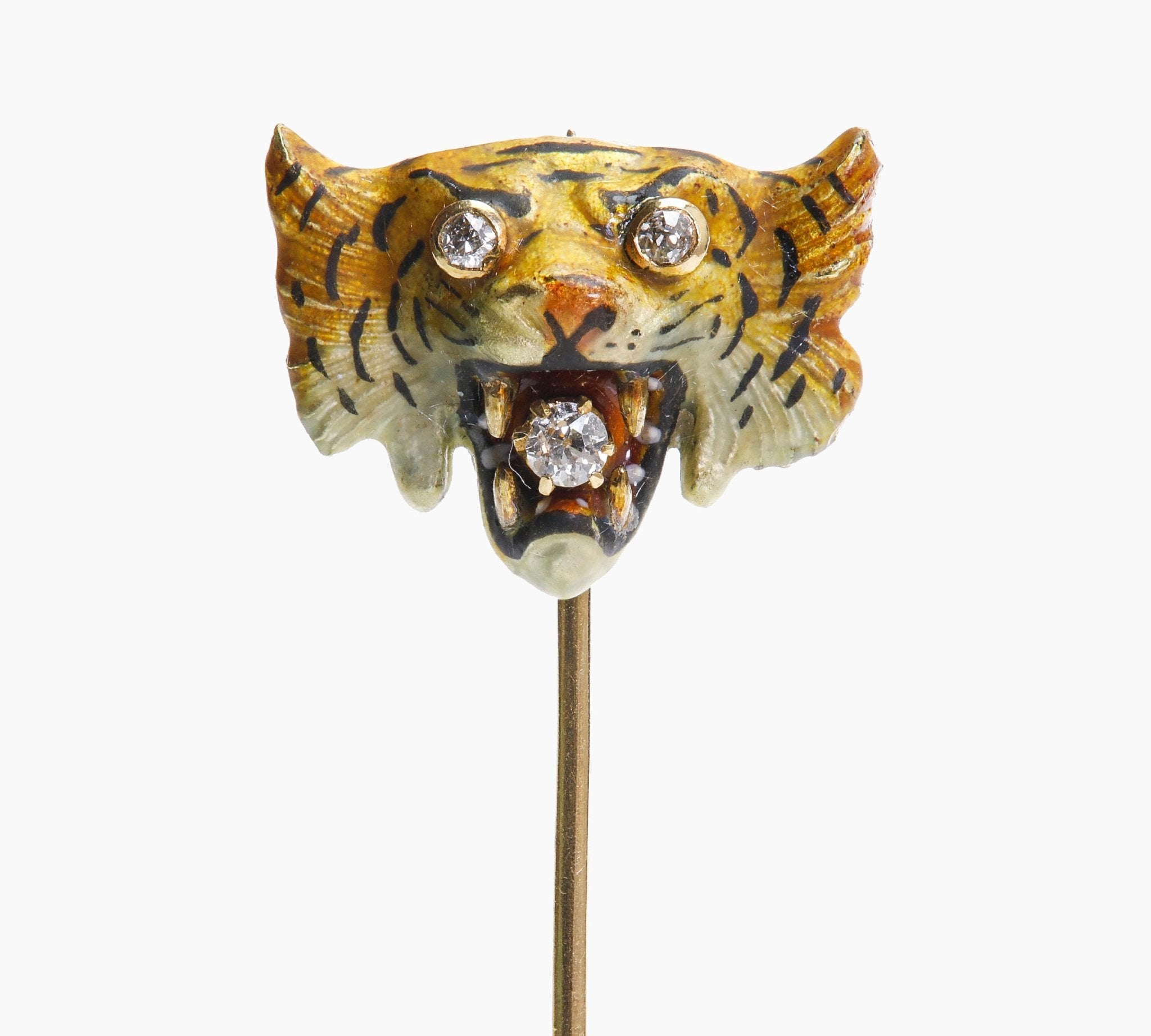 Antique Gold Enamel Diamond Tiger Stick Pin - DSF Antique Jewelry
