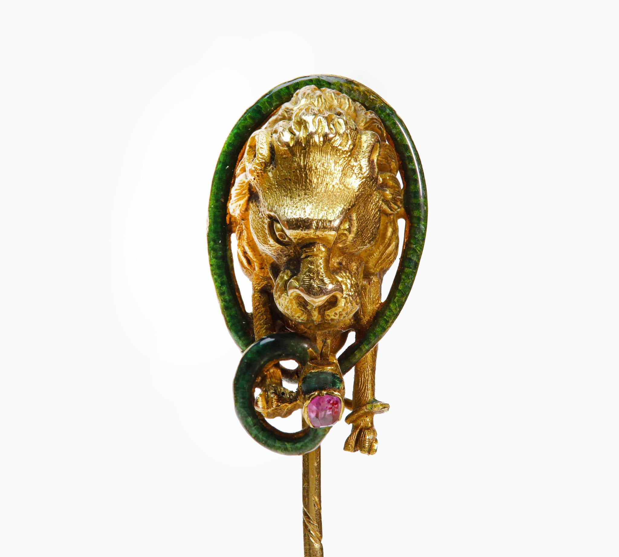 Antique Gold Enamel Lion Snake Ruby Stick Pin