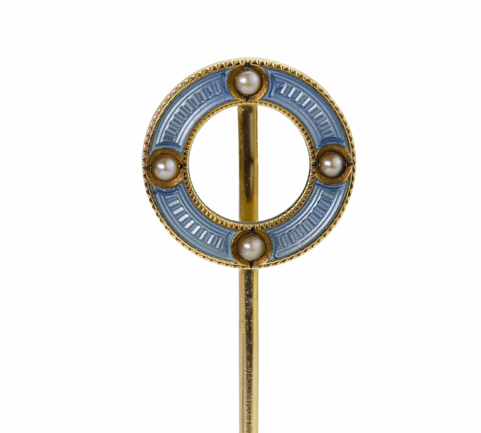 Antique Gold Enamel Pearl Circle Stick Pin