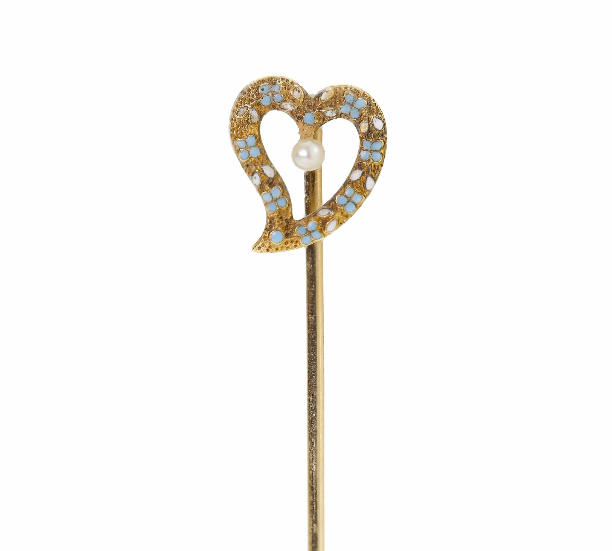 Antique Gold Enamel Pearl Heart Stick Pin