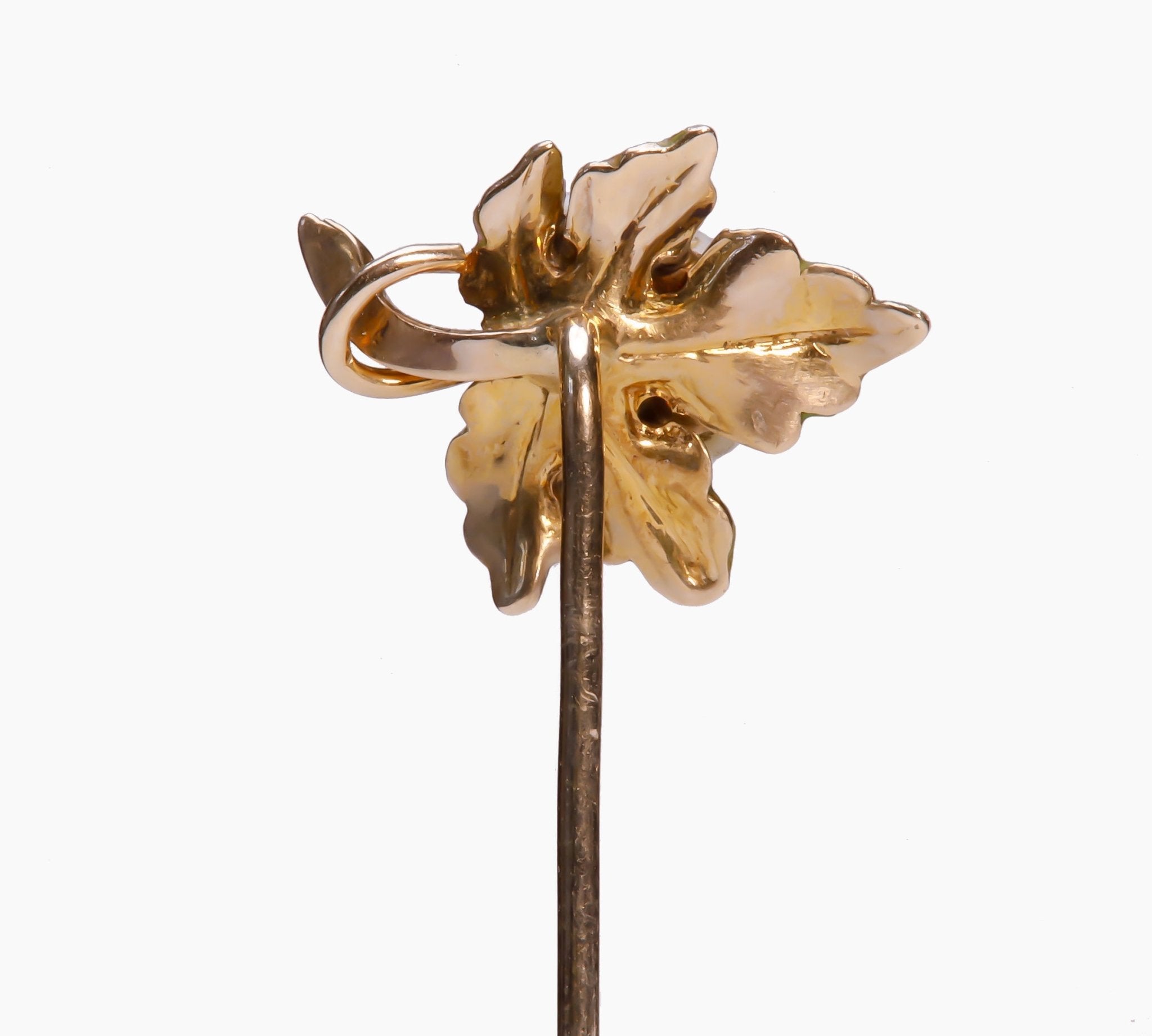 Antique Gold Enamel Pearl Leaf Stick Pin