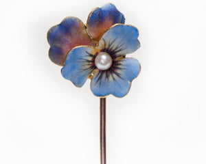 Antique Gold Enamel Pearl Pansy Stick Pin