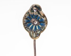 Antique Gold Enamel Plique a Jour Diamond Stick Pin