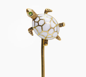 Antique Gold White Enamel Turtle Stick Pin
