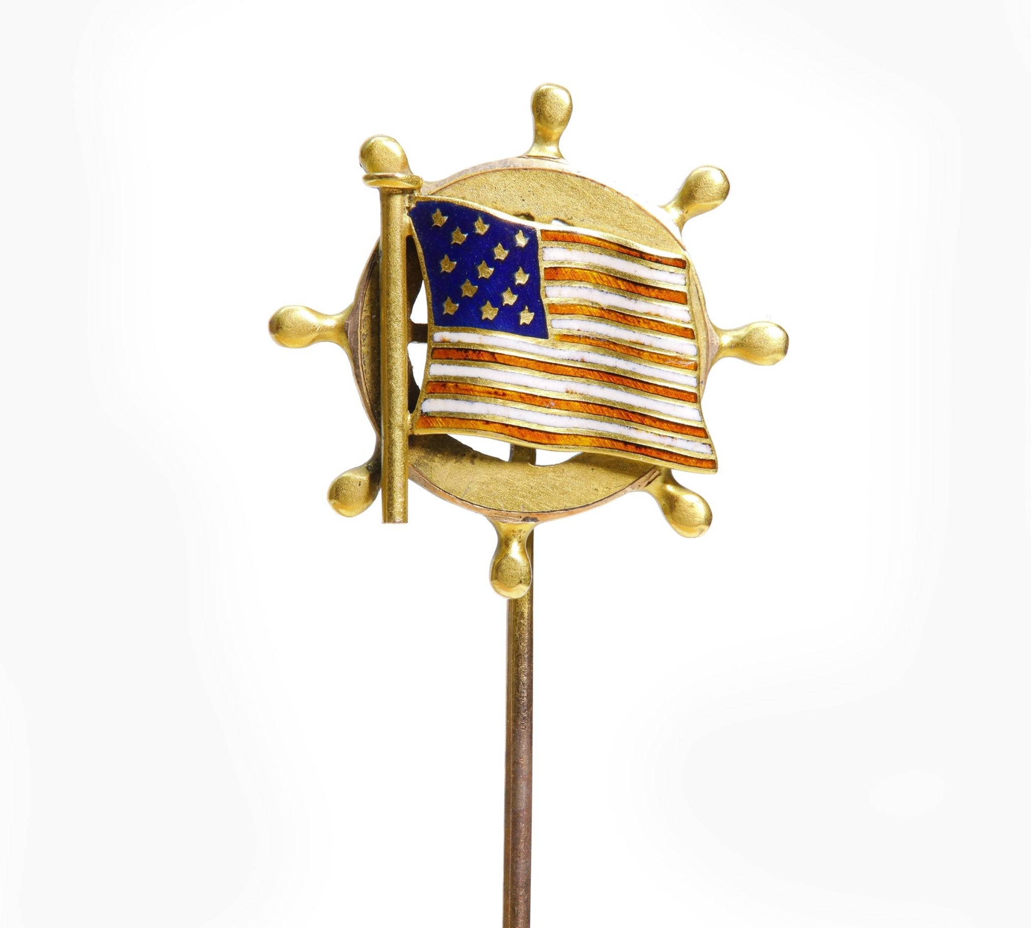 Antique Gold Enamel US Flag Ship's Wheel Stick Pin