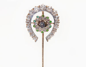 Antique Gold Fancy Brown Diamond and Old Mine Diamond Cut Horseshoe Stick Pin