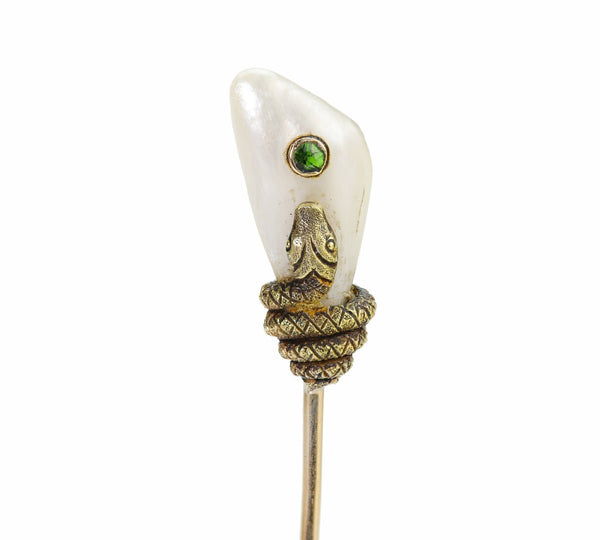 Stick Pin Snake Antique Gold Freshwater Pearl Demantoid Snake Stick Pin