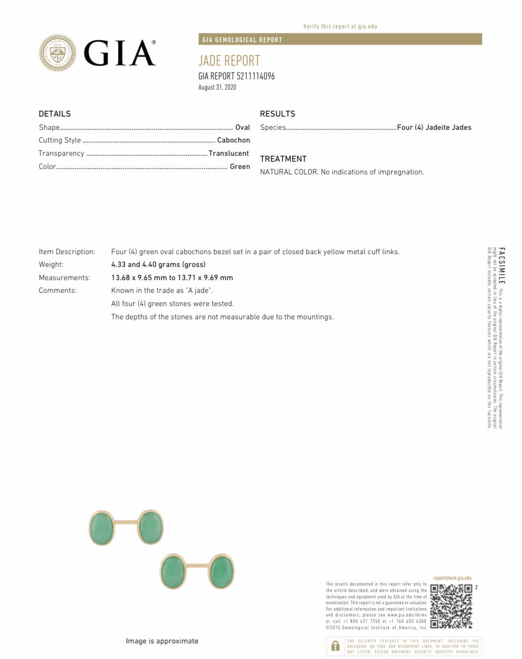 Antique Gold GIA Certified Natural Untreated Translucent Jadeite Jade Cufflinks