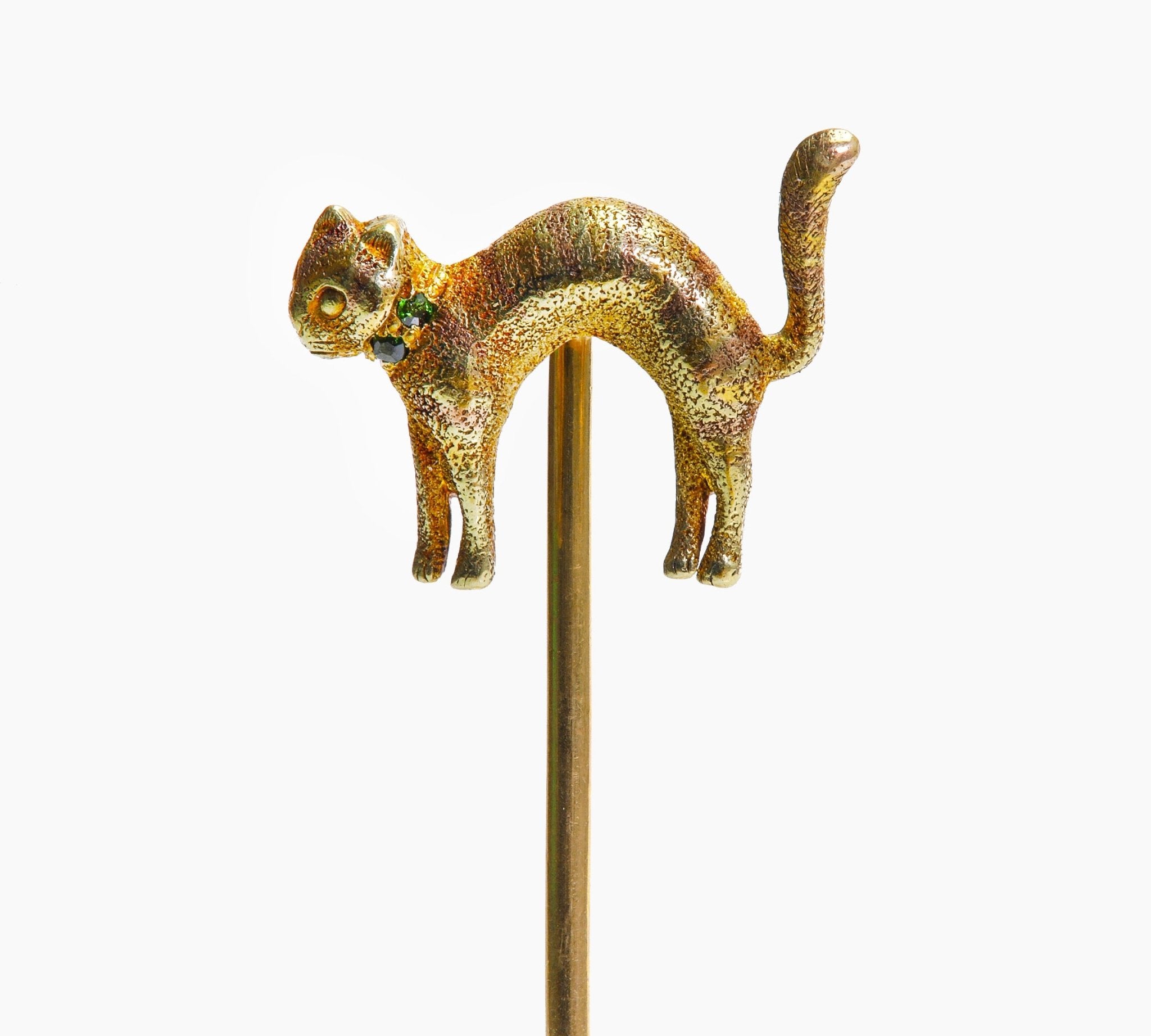 Antique Gold Green Garnet Cat Stick Pin