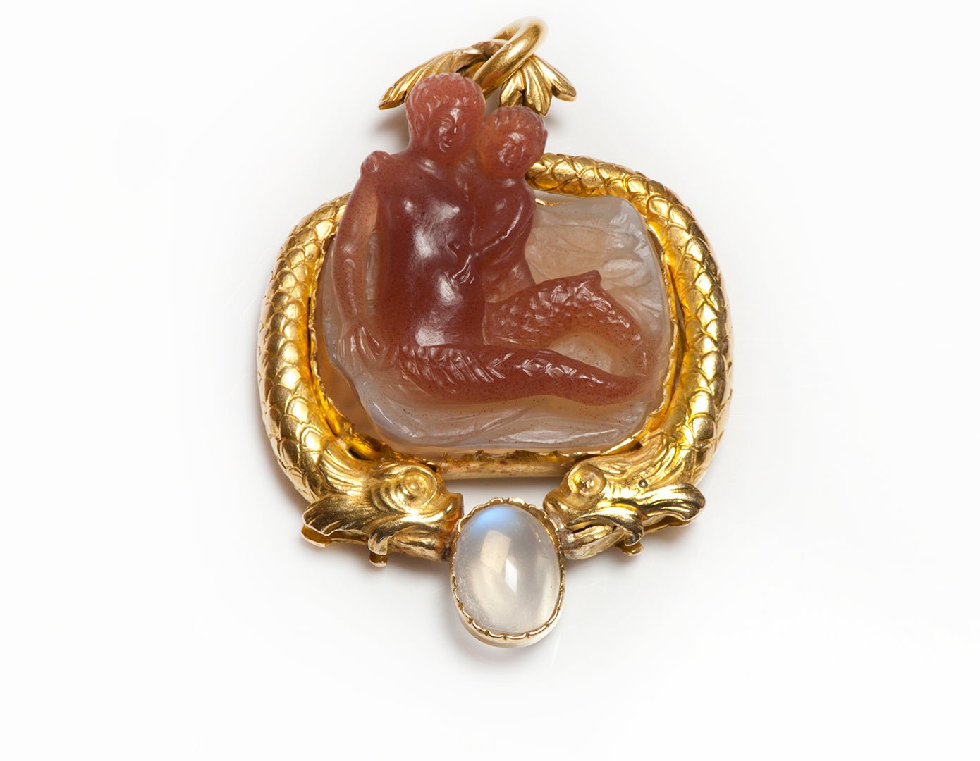 Antique Gold High Relief Carved Agate Mermaid Cameo Figural Griffin Locket Pendant
