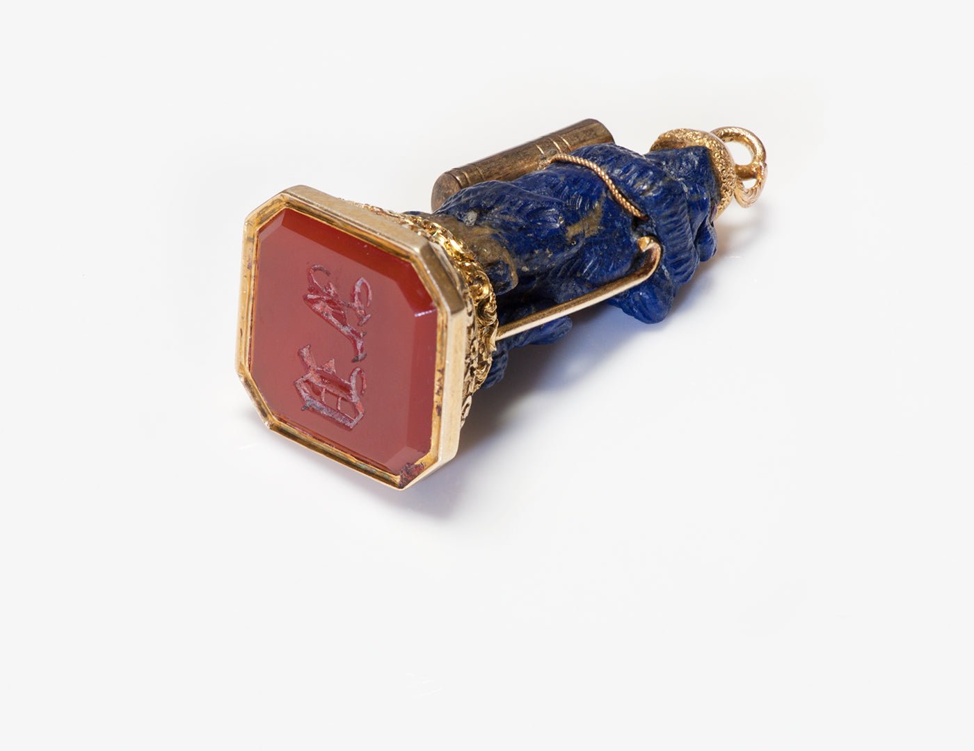 Antique Gold Lapis Bear Carnelian Pearl Fob Seal - DSF Antique Jewelry