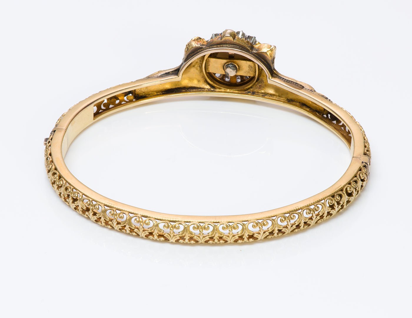 Antique Gold Lion Pearl Diamond Bangle Bracelet